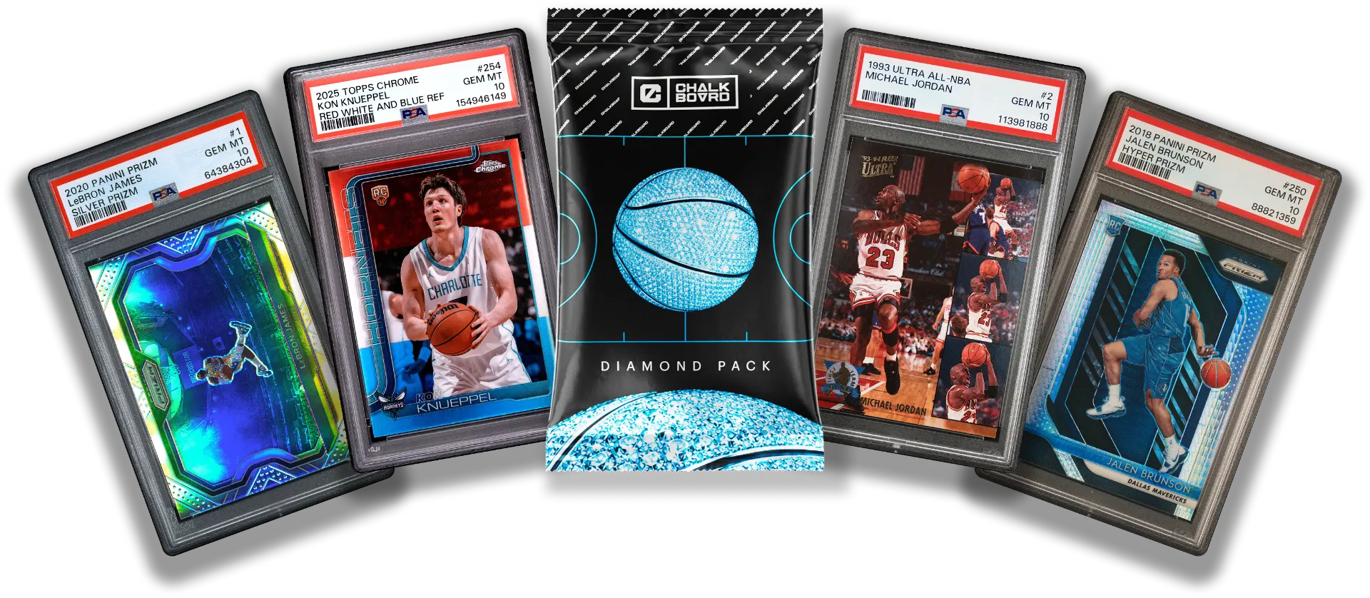 PSA graded trading card slabs featuring LeBron James, Kobe Bryant, Jalen Brunson, Allen Iverson, Michael Jordan, and a Chalkboard pack
